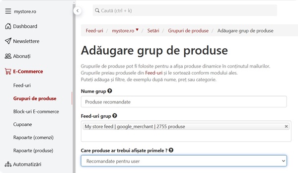 grup produse recomandate in email
